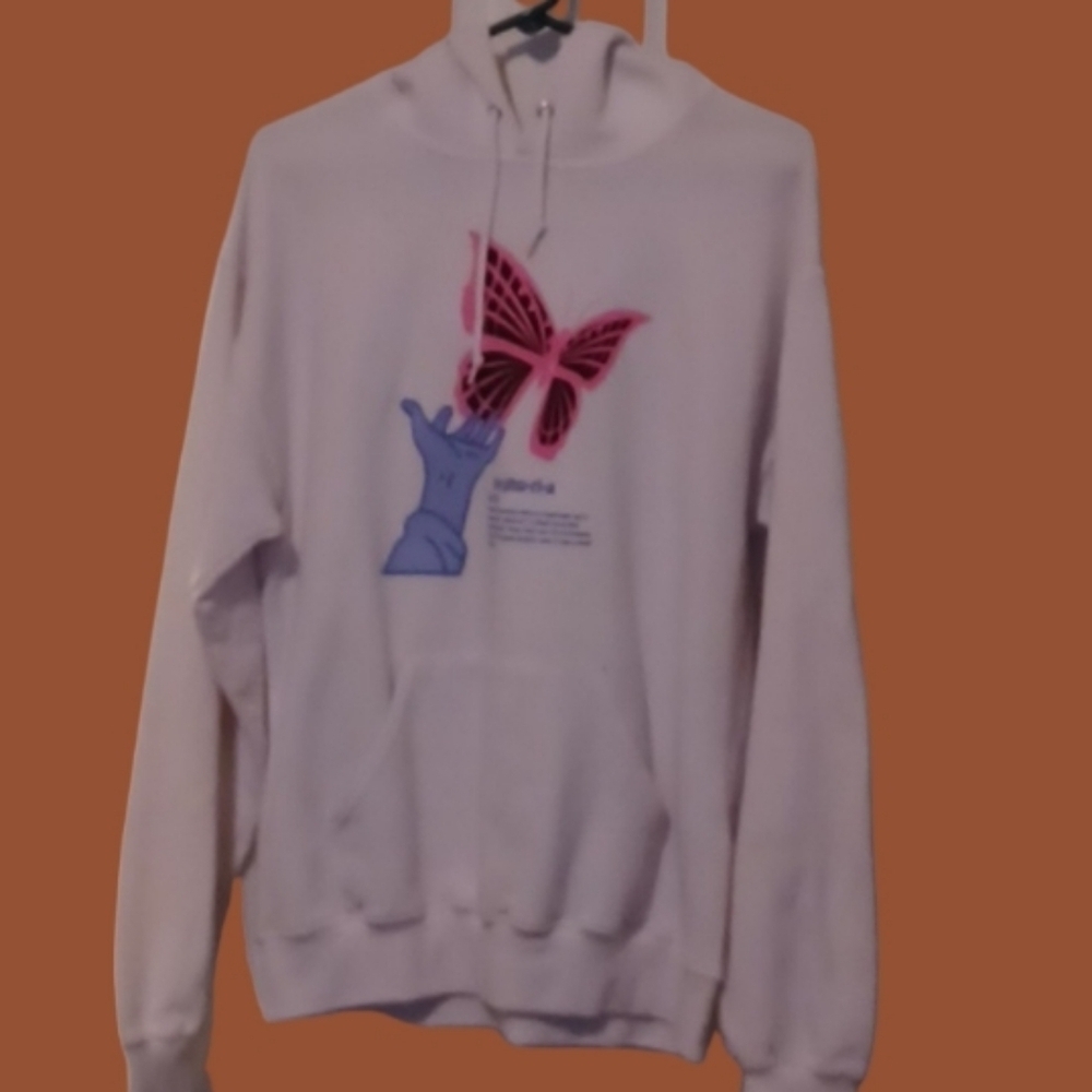 -- Bowery White Hoodie with Pink Butterfly Design